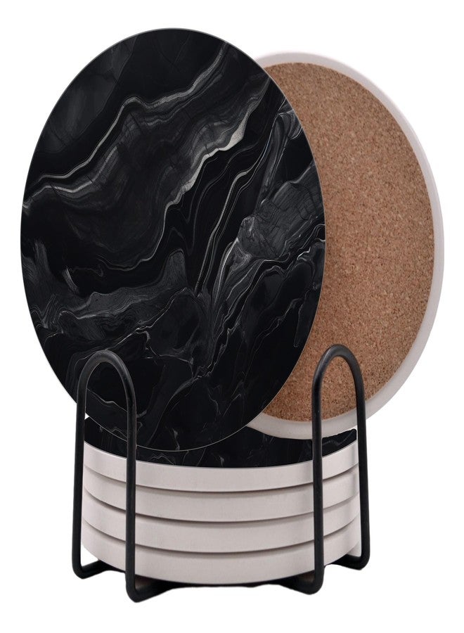 DAJDC Dark Black Marble Round Coasters Set of 6 - Abosrbent Ceramic Coasters with Metal Stand for Drinks, Coffee, Non-Slip Cork Back for Tabletop Protection, 4 Inches Marbled Pattern (Black) - Image 1